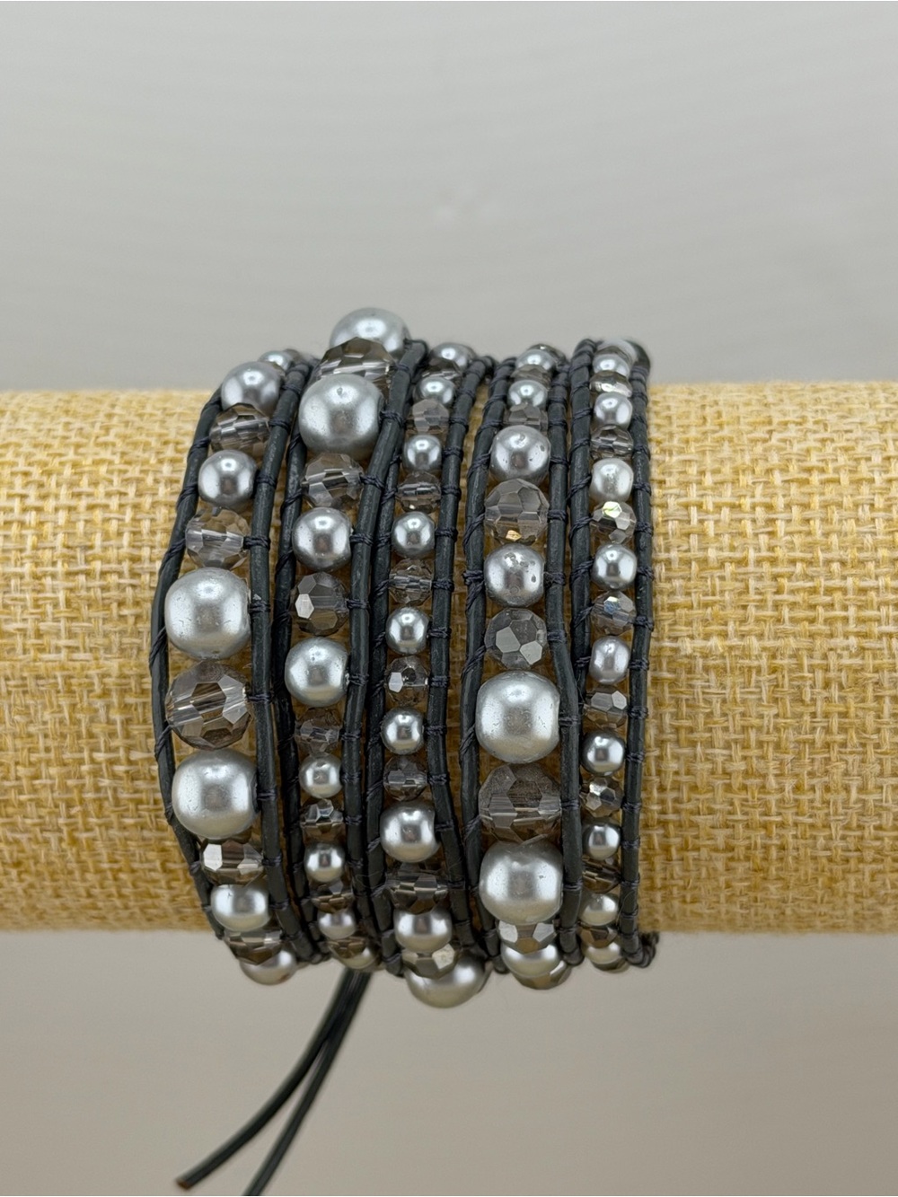 NWT  Boho Wrap Bracelet Beaded Leather Multi Strand grey